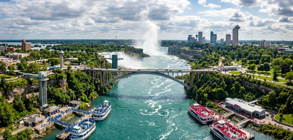 Aerial view of Niagara River with Maid of the Mist and Niagara City Cruises docks on opposite banks